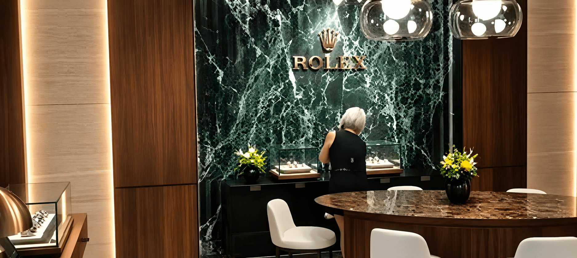 Person in luxury watch store interior.