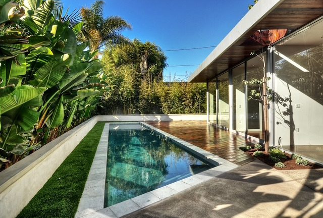 Sleek narrow pool beside wooden patio